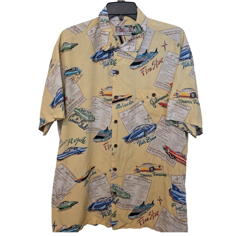 Tori Richard Shirt Mens L Yellow Futurama Motor Company Atomic Car